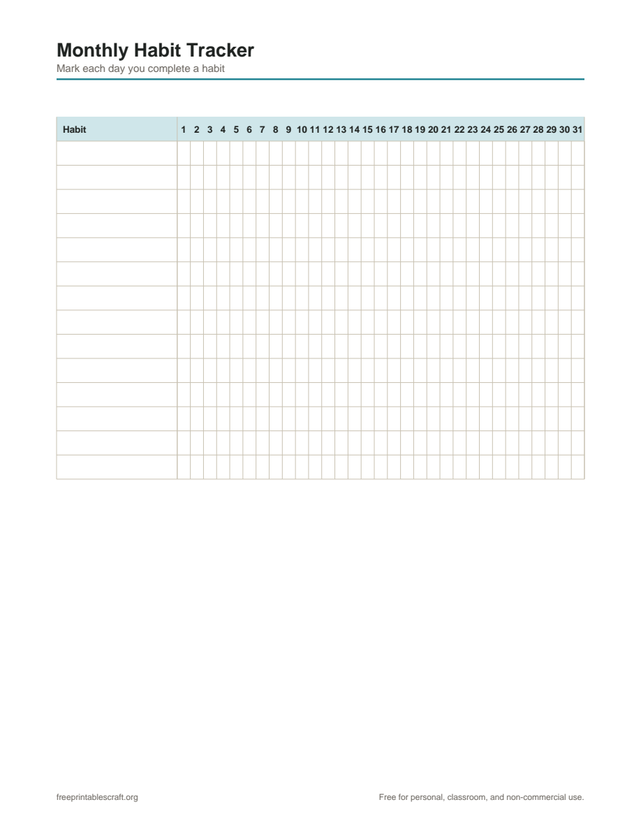 A monthly habit tracker grid with 14 habit rows and 31 day columns