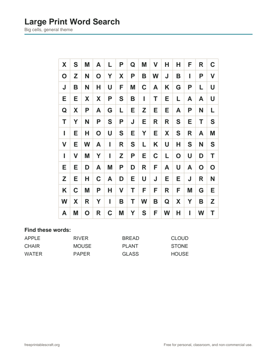 Preview of the large print word search printable PDF