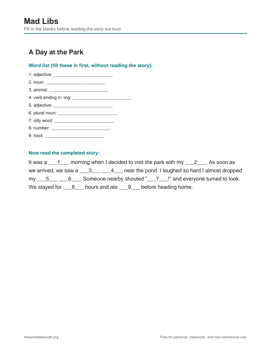 Preview of the mad libs printable PDF