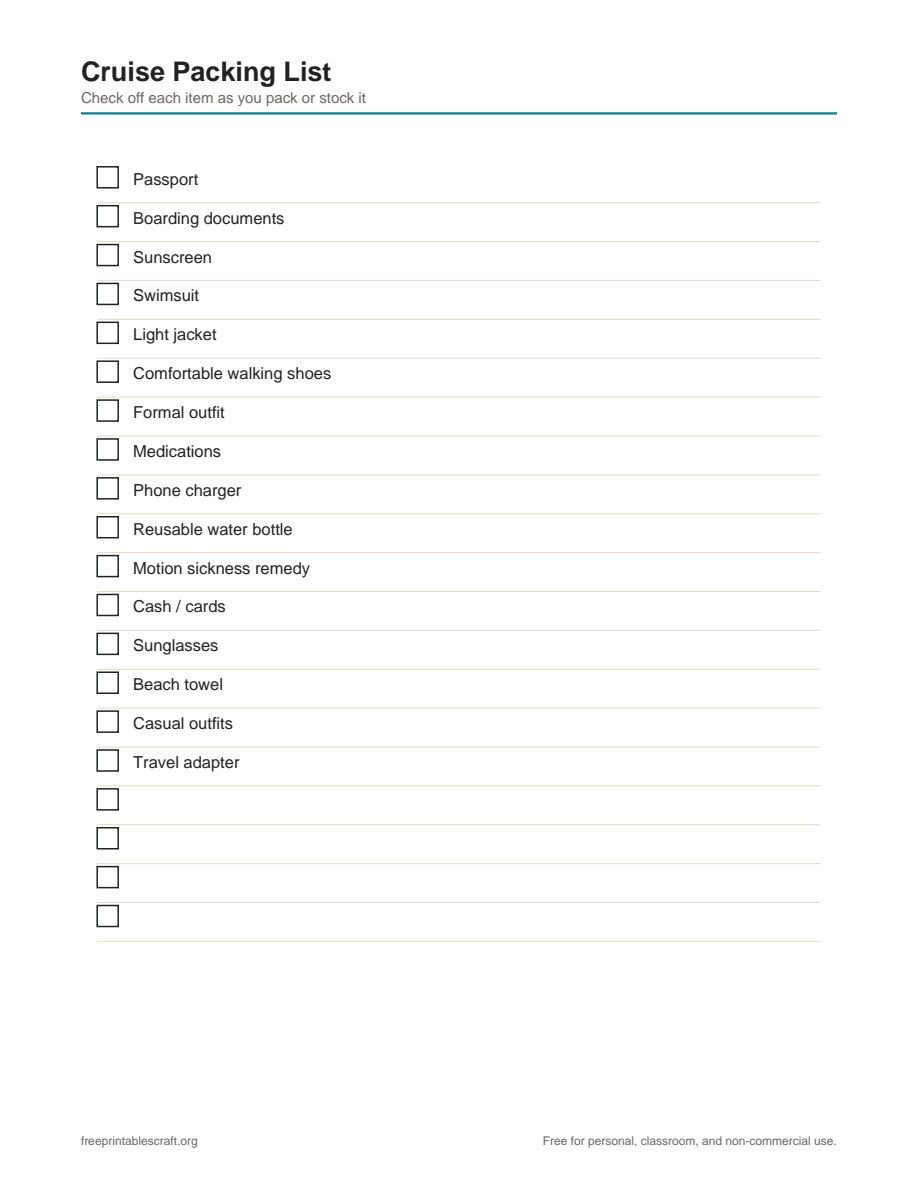 Preview of the cruise packing list printable PDF