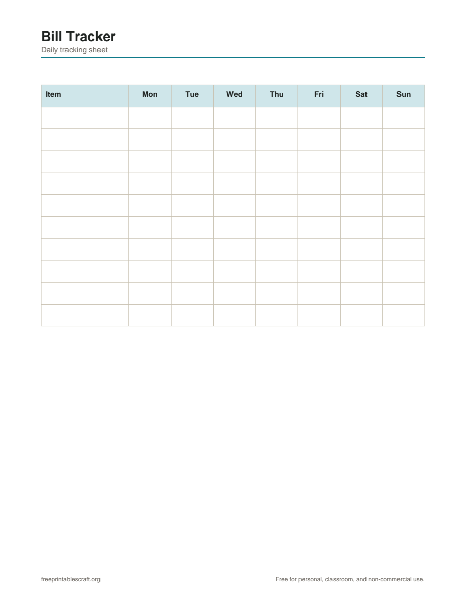 Preview of the bill tracker printable PDF