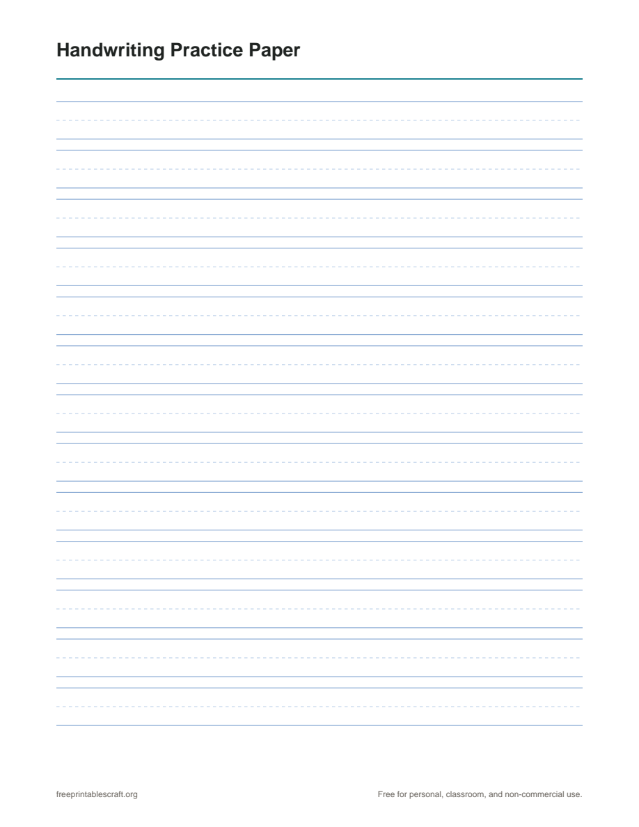 A sheet of primary-lined handwriting paper with top lines, dashed midlines, and solid baselines