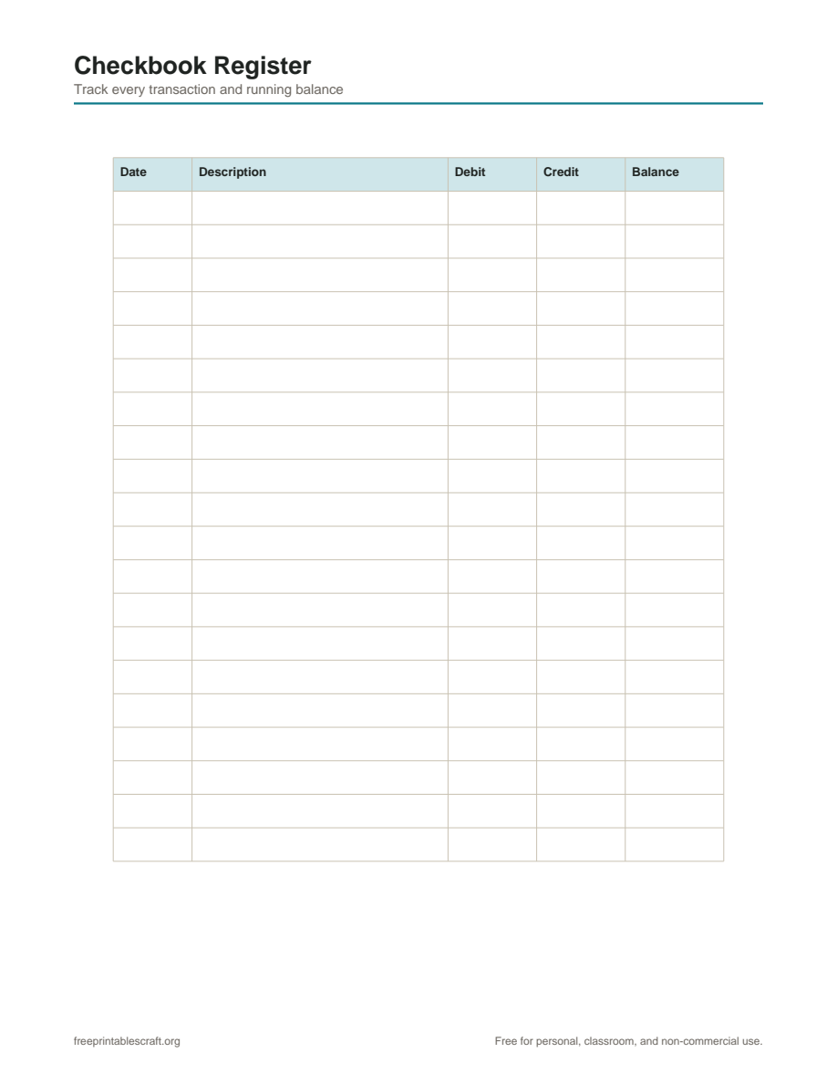 Preview of the checkbook register printable PDF