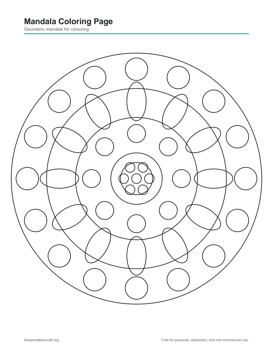 A geometric mandala coloring page with concentric rings of circles, petals, and a center flower design
