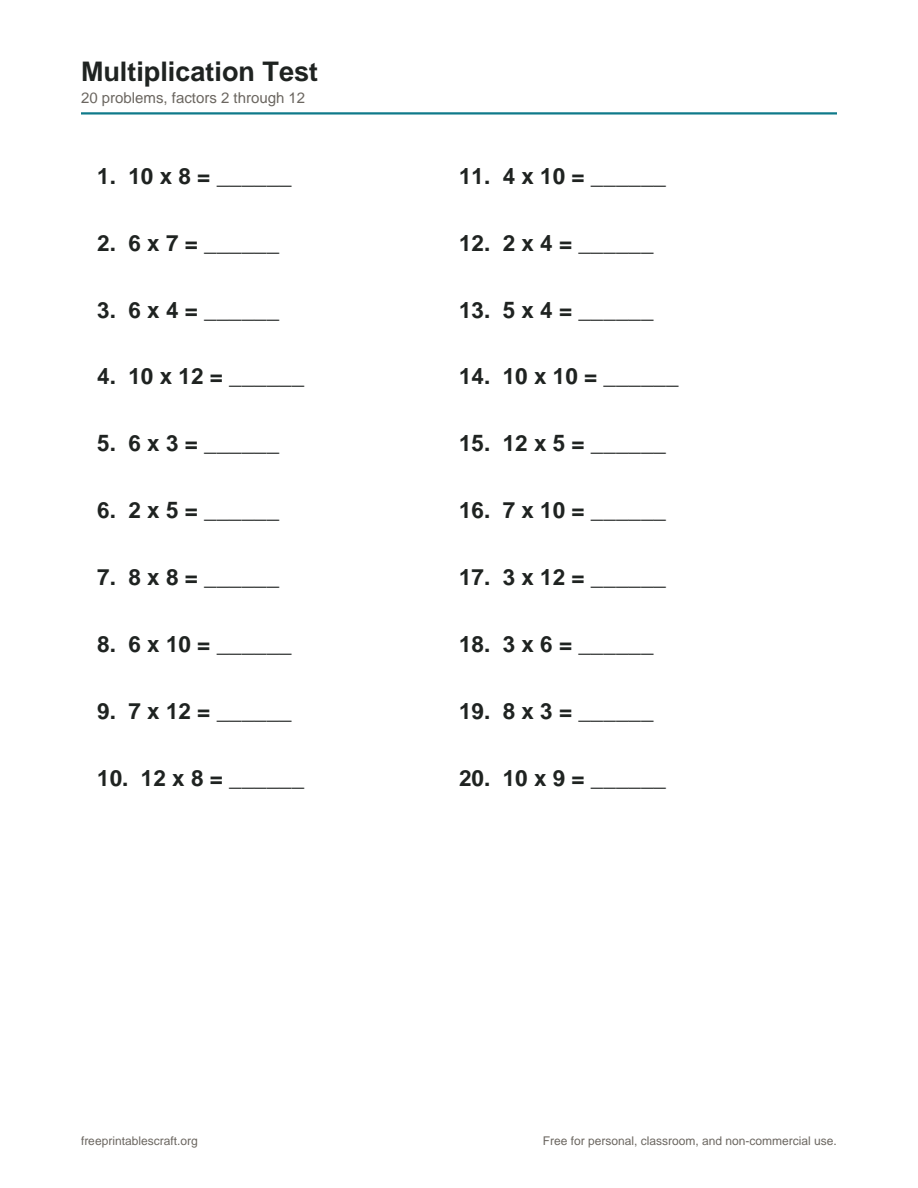 Preview of the multiplication test printable PDF