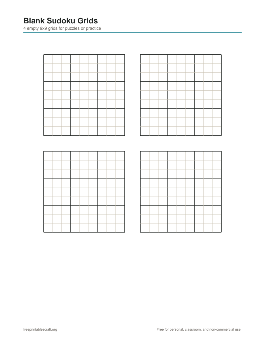 Four blank 9 by 9 sudoku grids arranged in a two by two layout