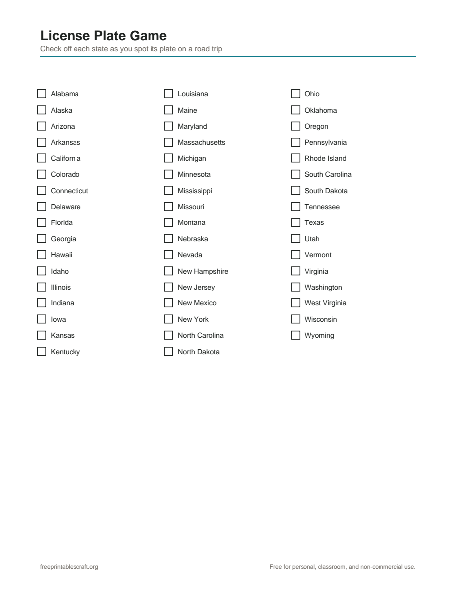 Preview of the license plate game printable PDF