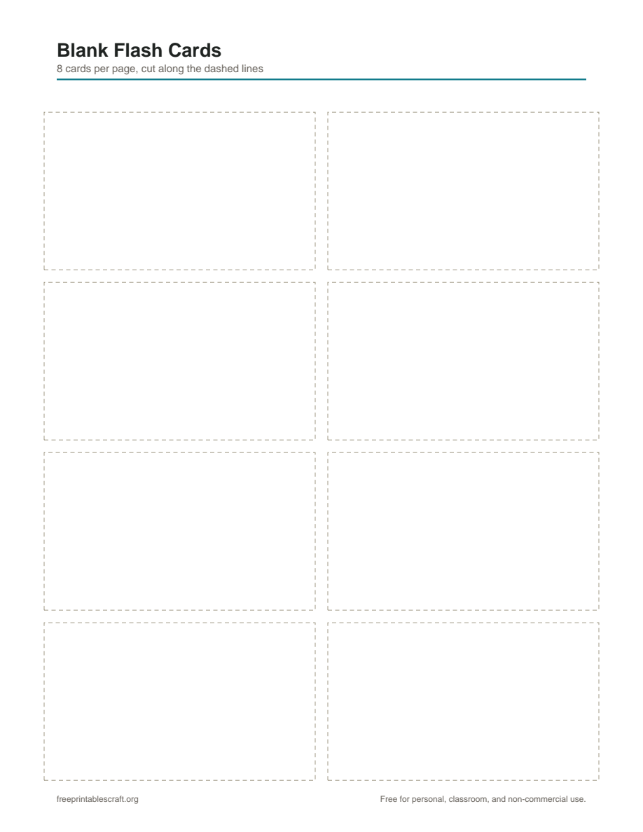 Eight blank rectangular flash card templates with dashed cut lines