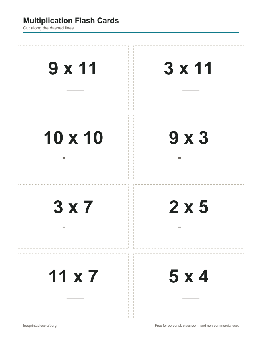 A page of eight multiplication flash cards showing problems from the two through twelve times tables