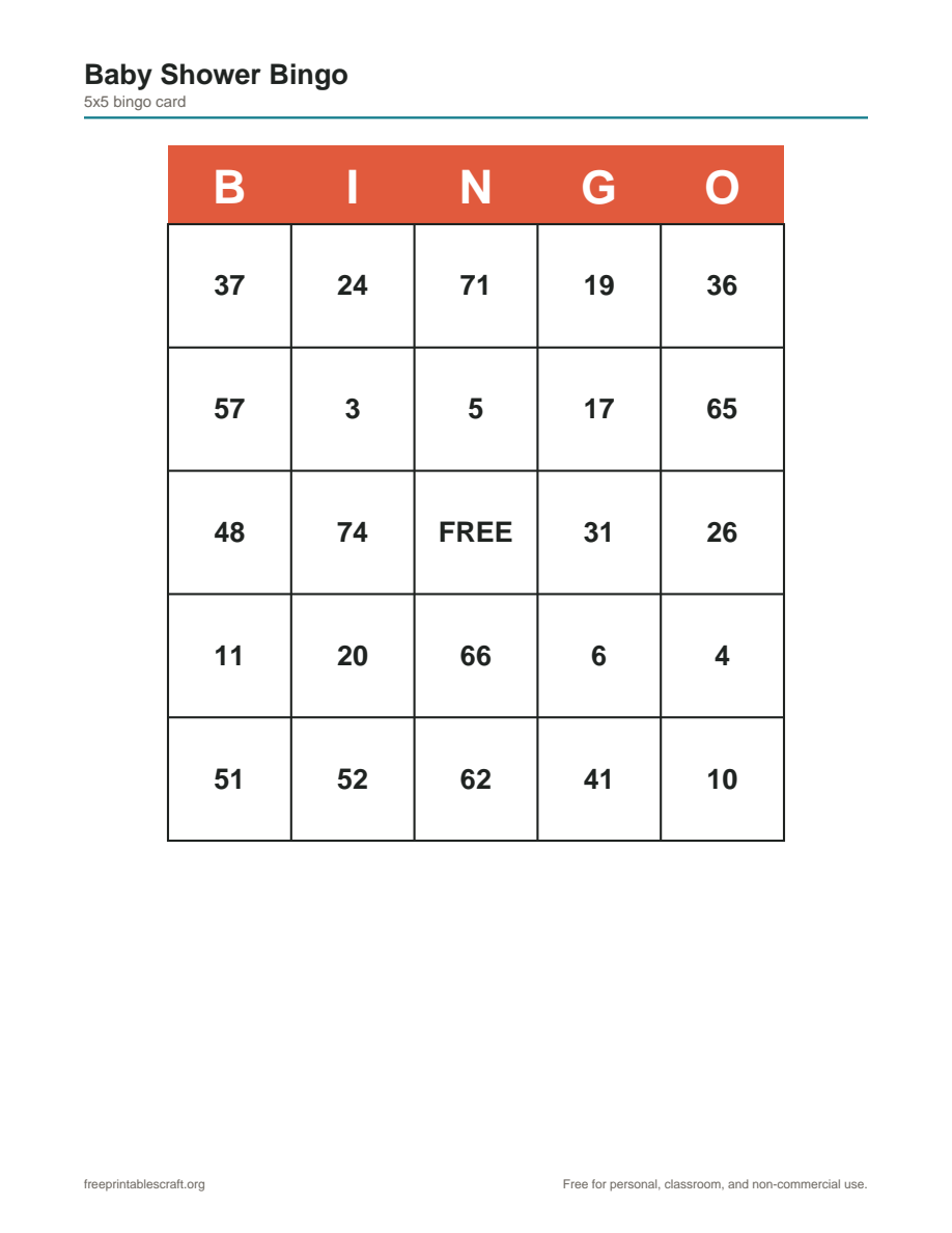 Preview of the baby shower bingo printable PDF