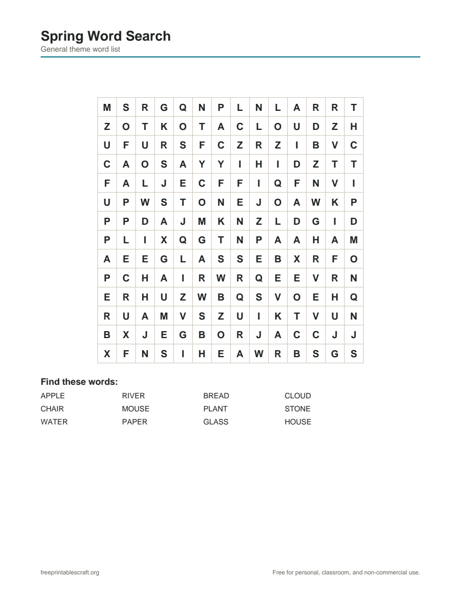 Preview of the spring word search printable PDF