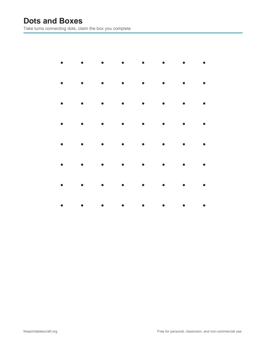 Preview of the dots and boxes printable PDF