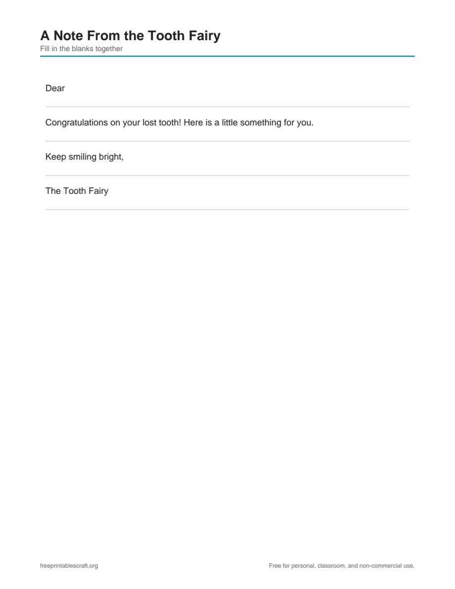 Preview of the tooth fairy note printable PDF