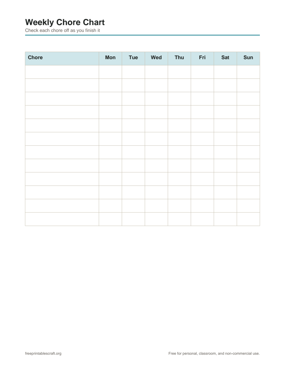 A weekly chore chart with 12 chore rows and columns for Monday through Sunday