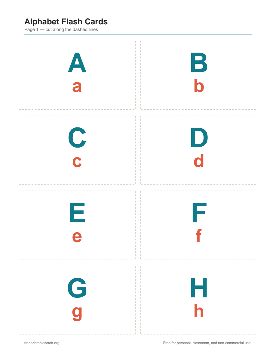 A page of alphabet flash cards, each showing an uppercase letter above its matching lowercase letter