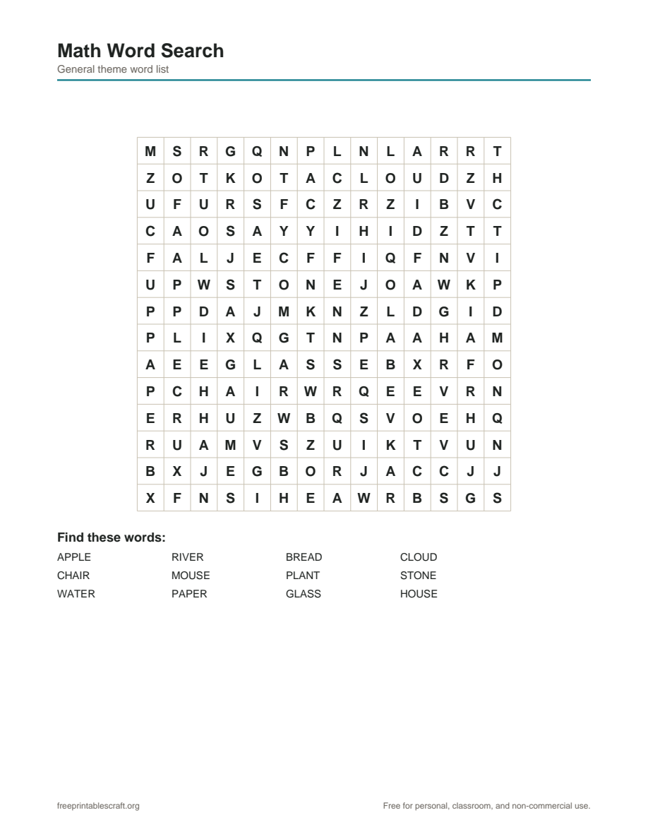 Preview of the math word search printable PDF