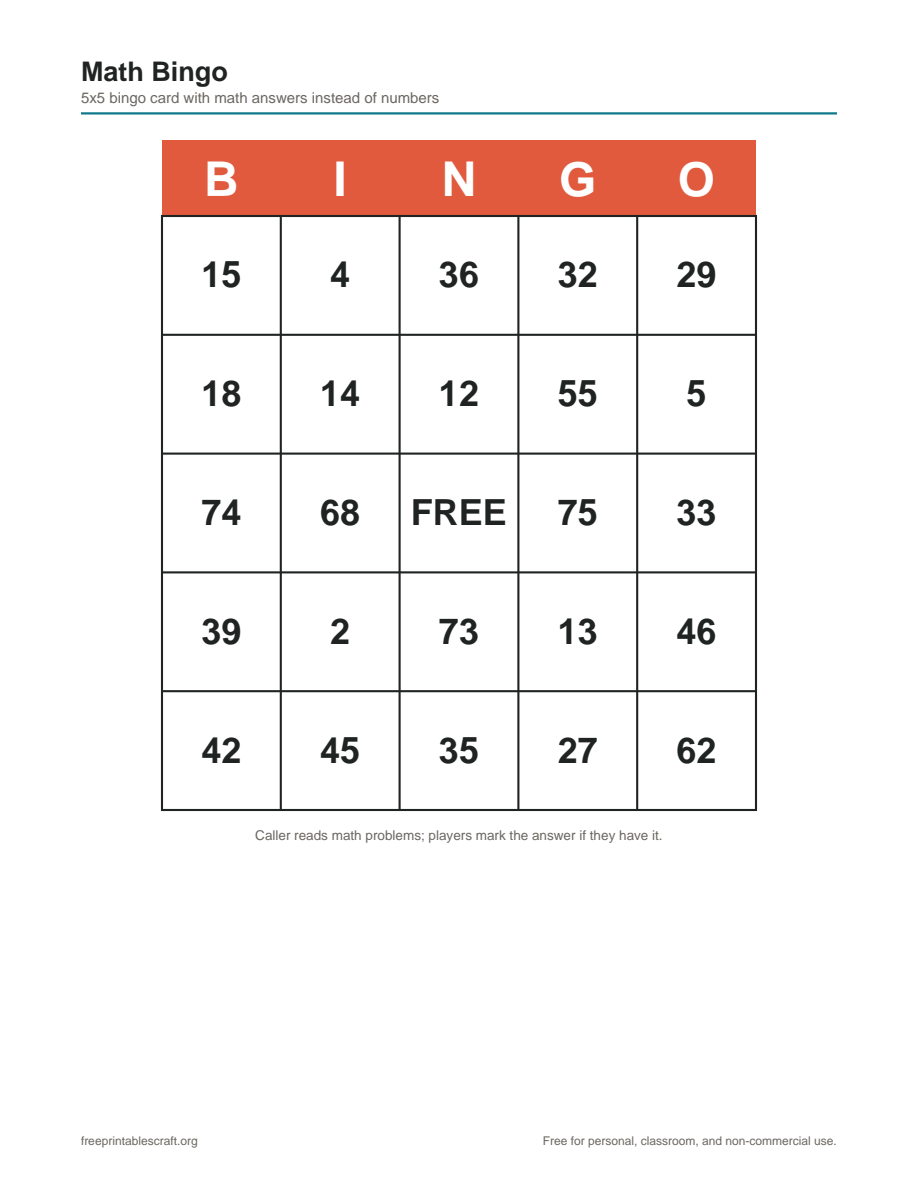 Preview of the math bingo printable PDF