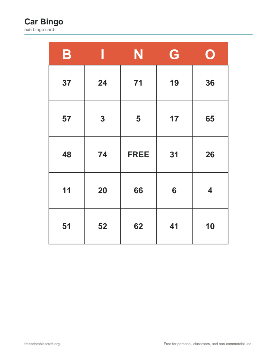 Preview of the car bingo printable PDF