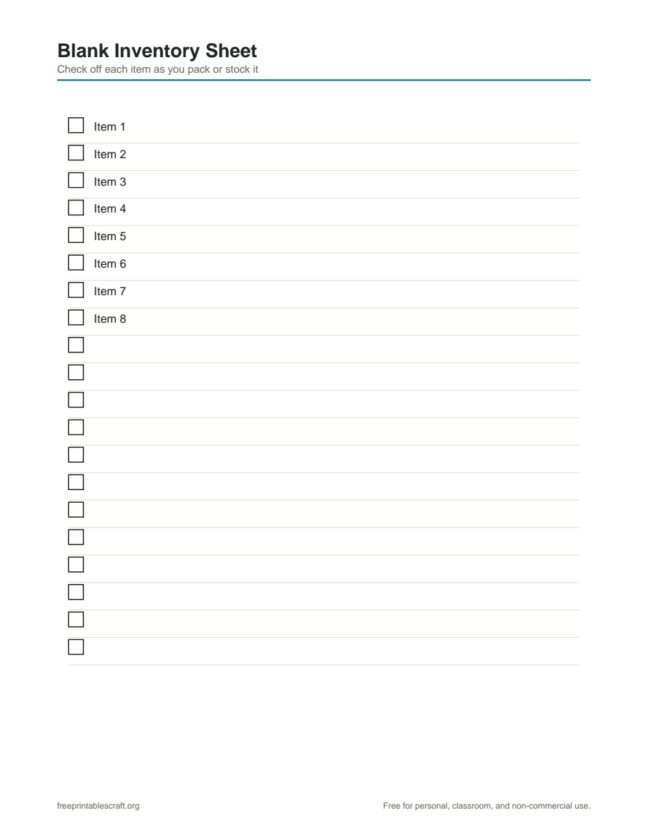 Preview of the free blank inventory sheet printable PDF