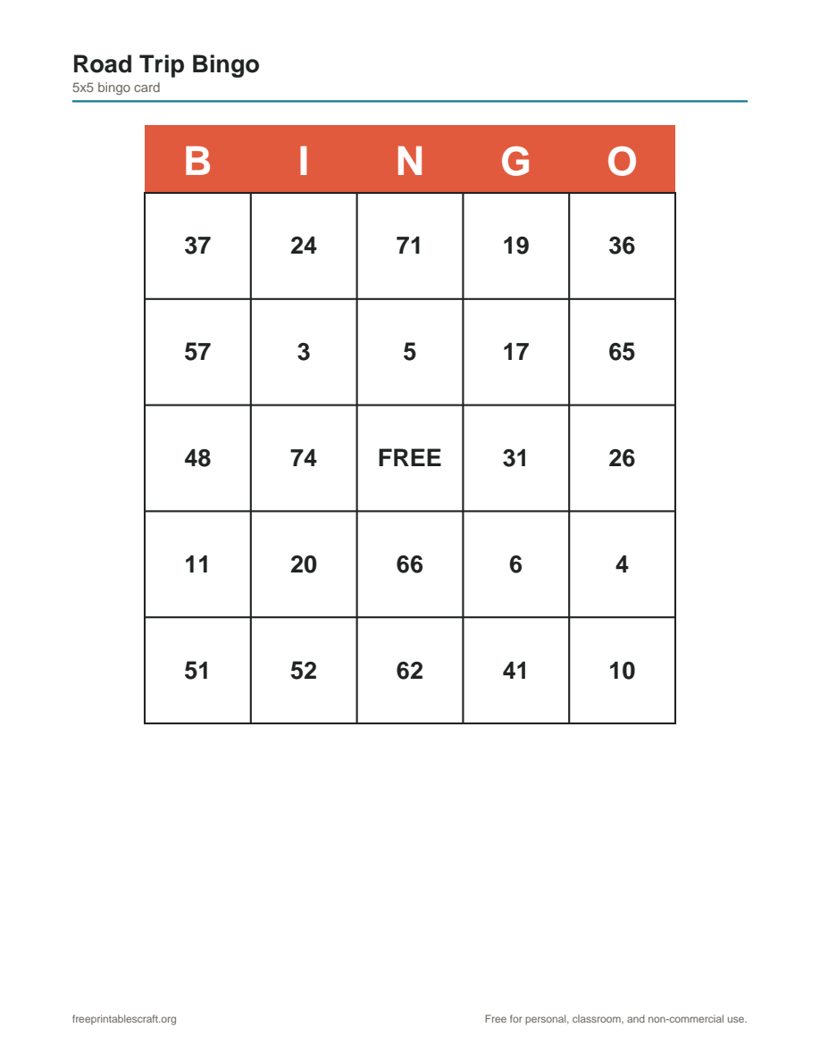 Preview of the road trip bingo printable PDF