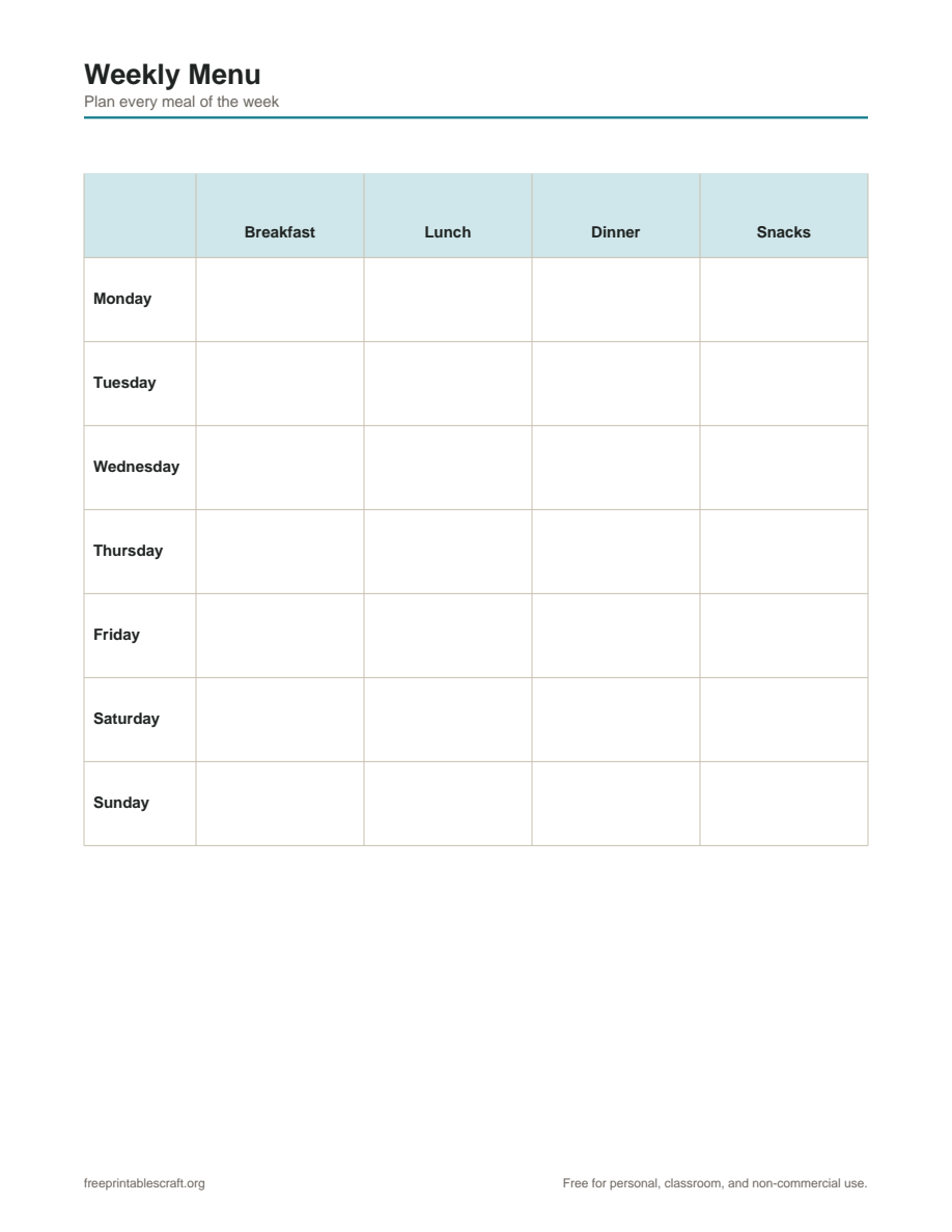 Preview of the weekly menu printable PDF