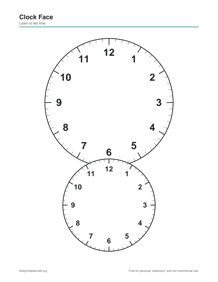 Two analog clock faces with numbered hours and minute tick marks for learning to tell time