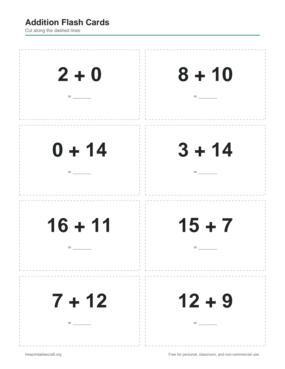 A page of eight addition flash cards, each showing an addition problem in large print