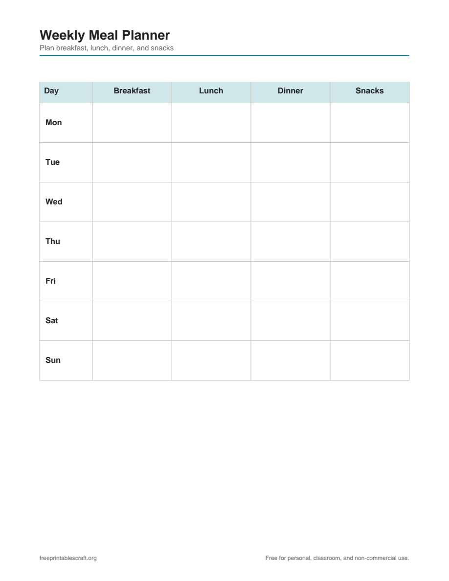 A weekly meal planner grid with rows for Monday through Sunday and columns for breakfast, lunch, dinner, and snacks