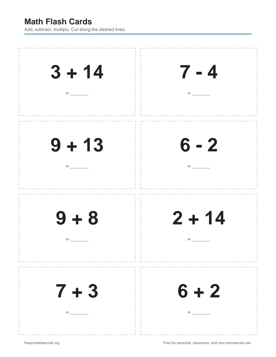 A page of eight mixed math flash cards showing addition, subtraction, and multiplication problems