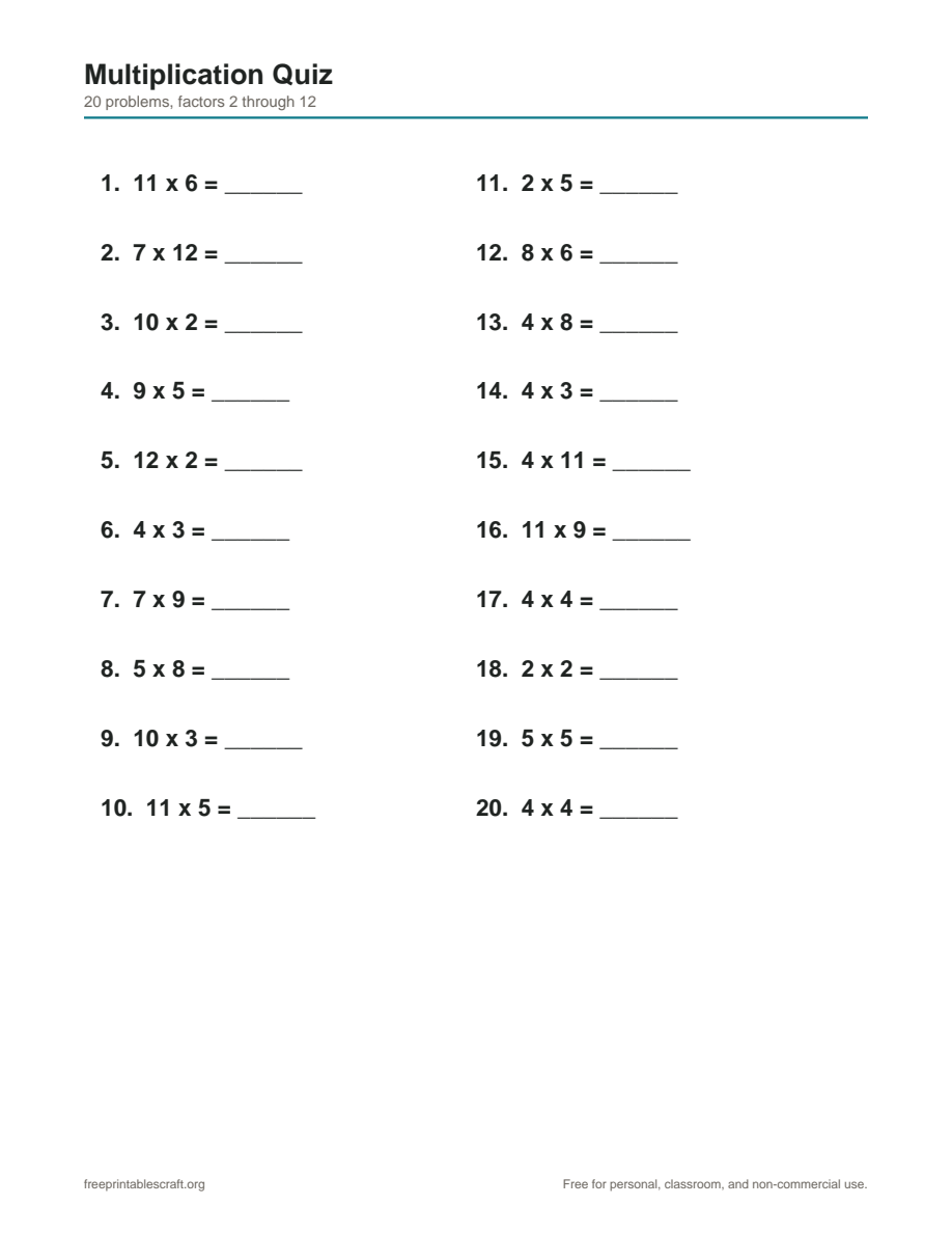 Preview of the multiplication quiz printable PDF