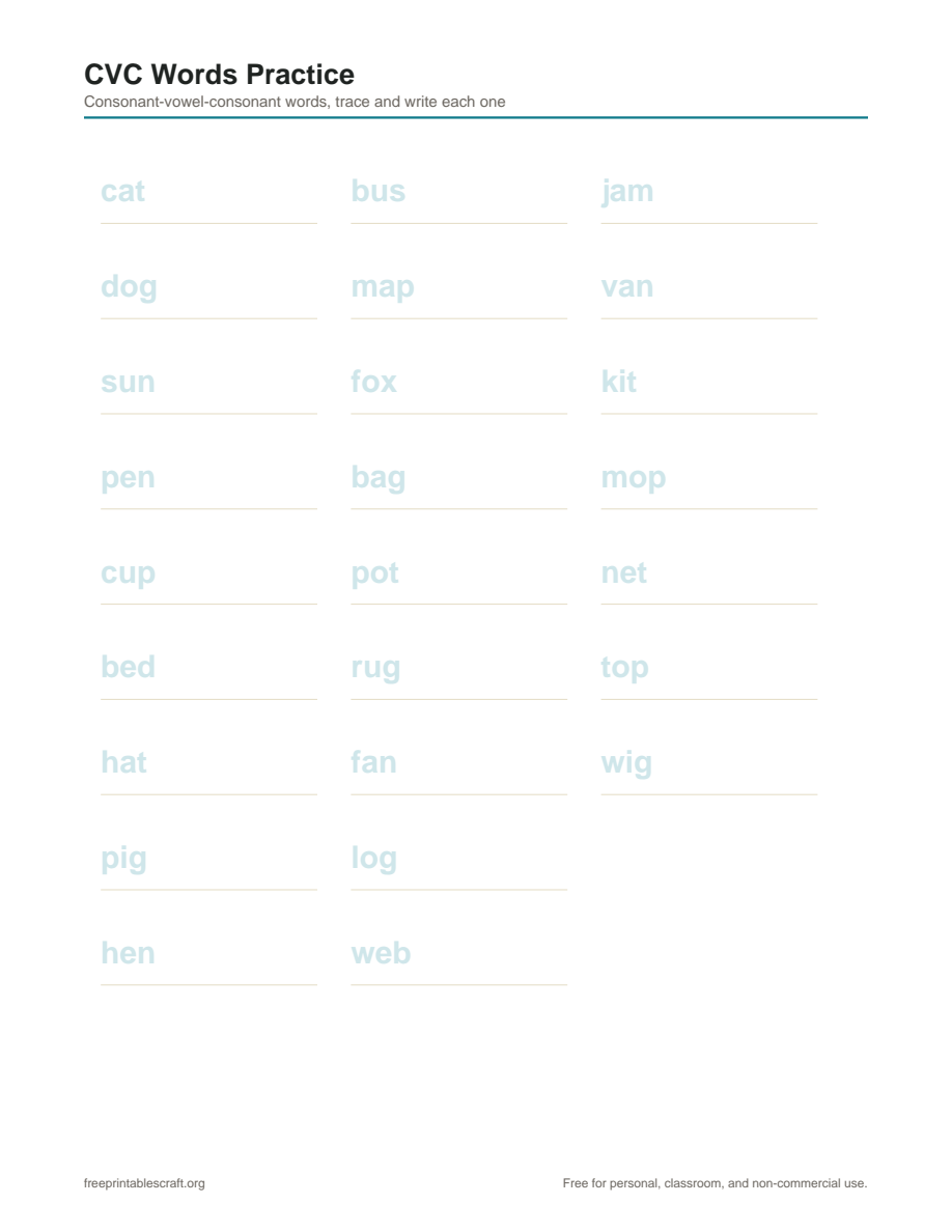 Preview of the cvc word list printable PDF