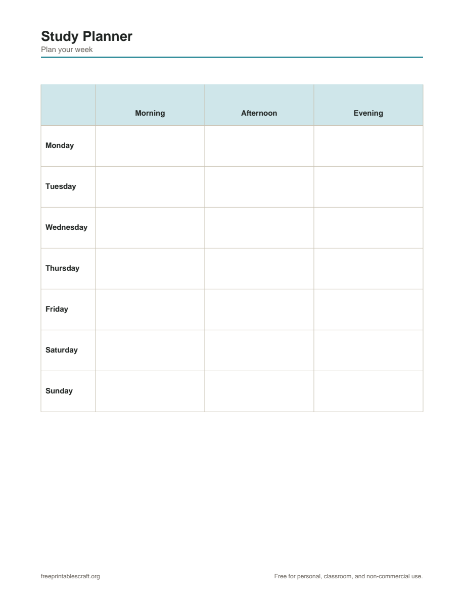 Preview of the study planner printable PDF