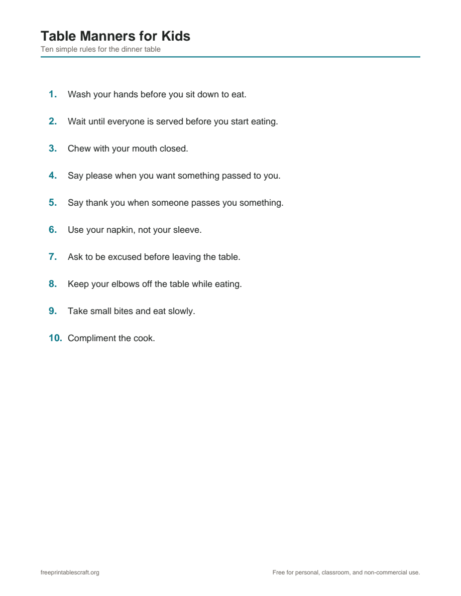 Preview of the table manners for kids printable PDF
