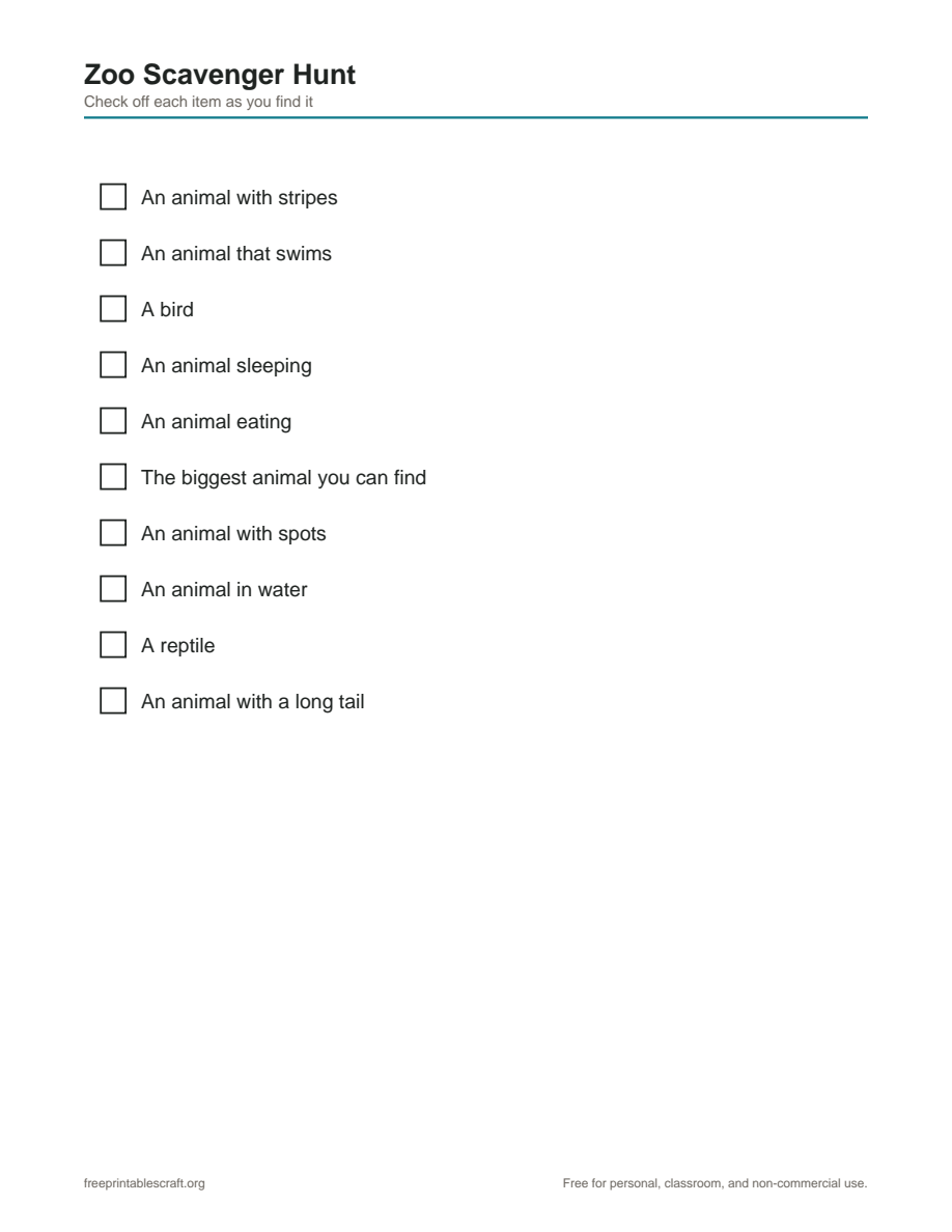 Preview of the zoo scavenger hunt printable PDF