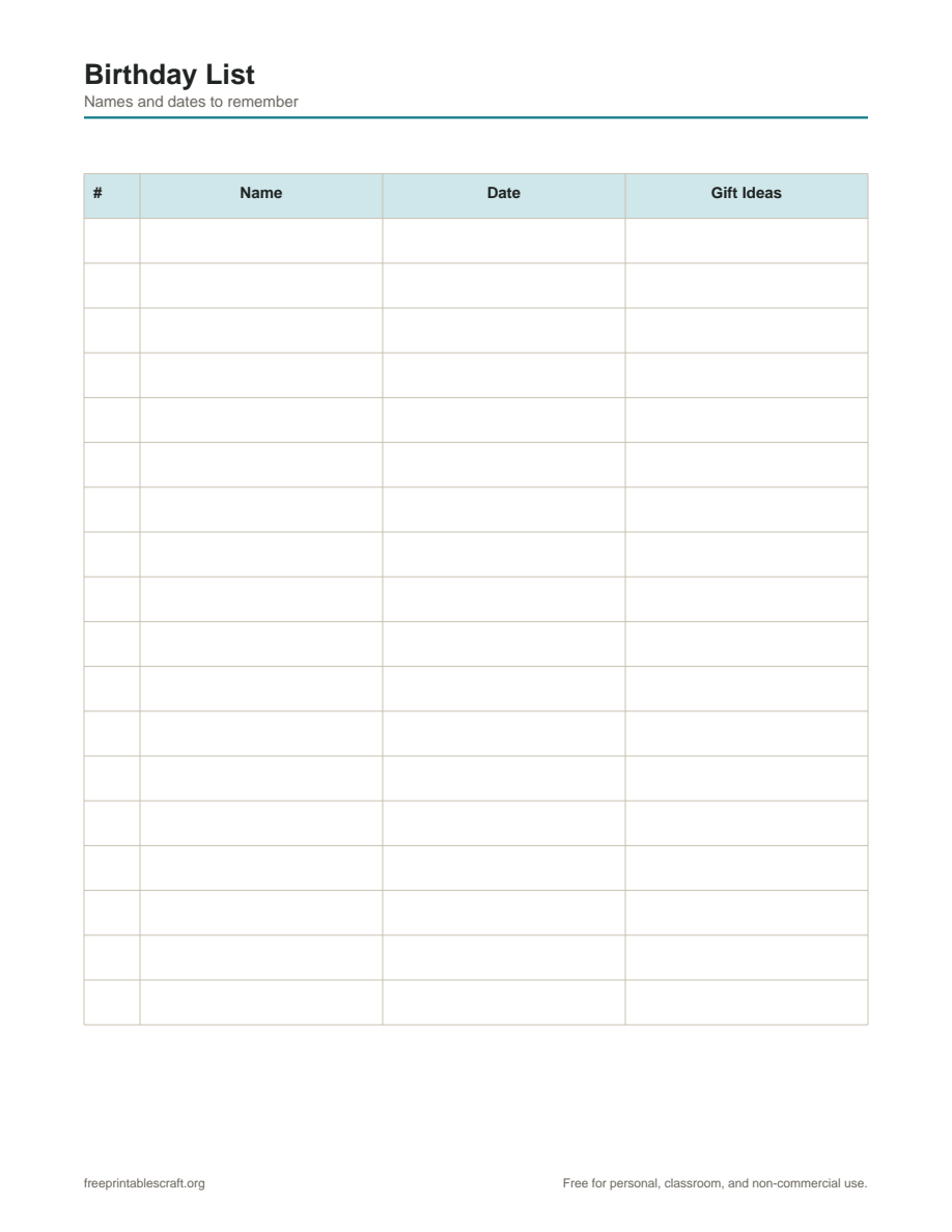 Preview of the birthday list printable PDF