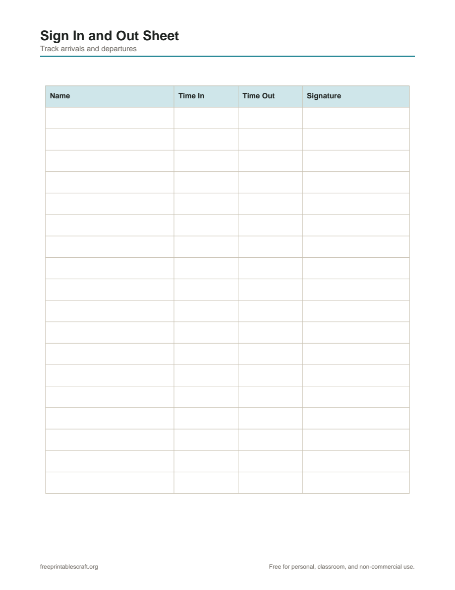 Preview of the sign in and out sheet printable PDF