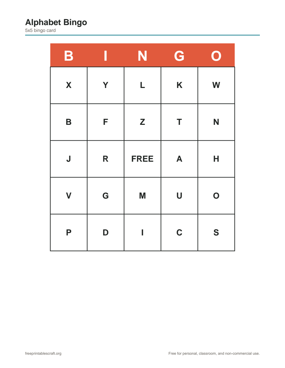 Preview of the alphabet bingo printable PDF