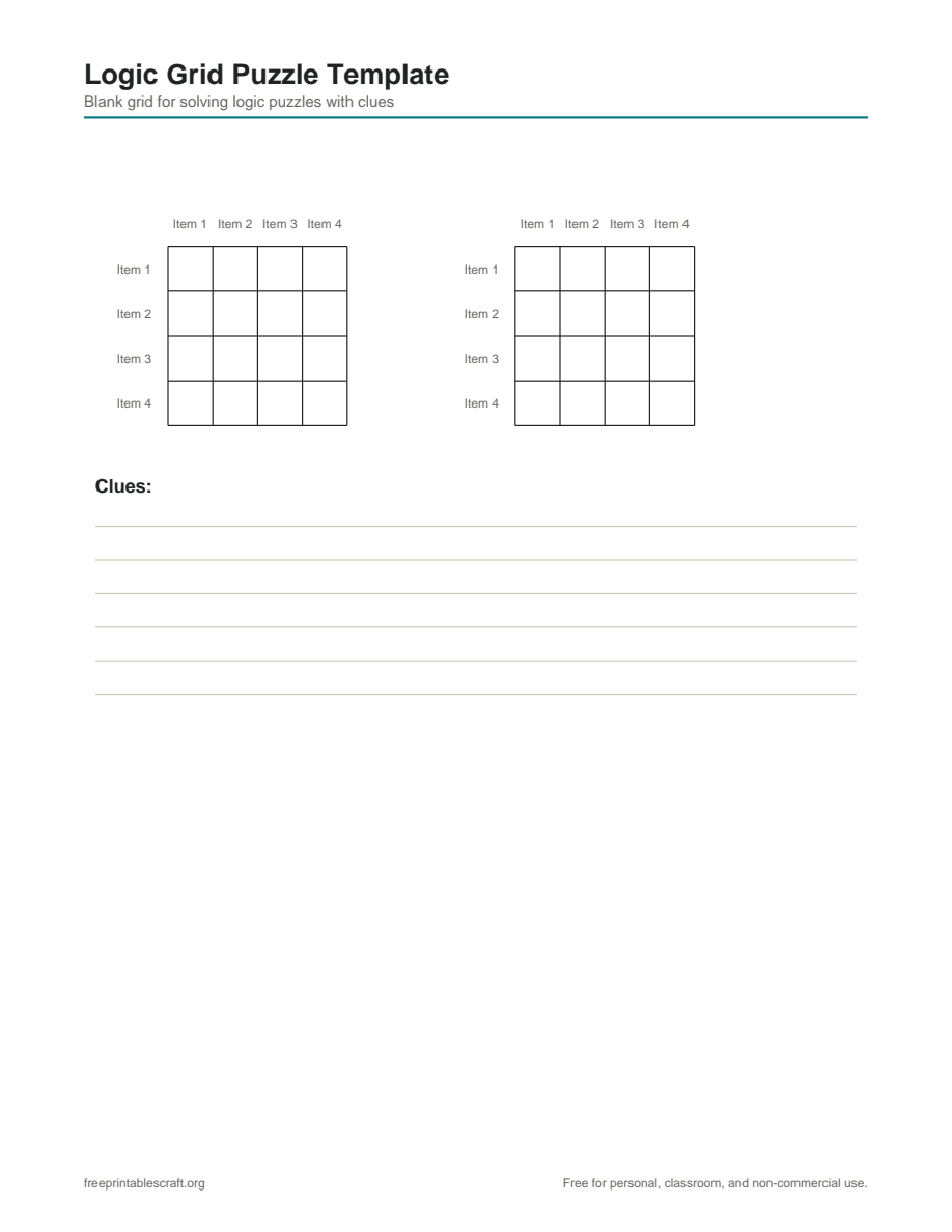 Preview of the logic grid puzzles printable PDF