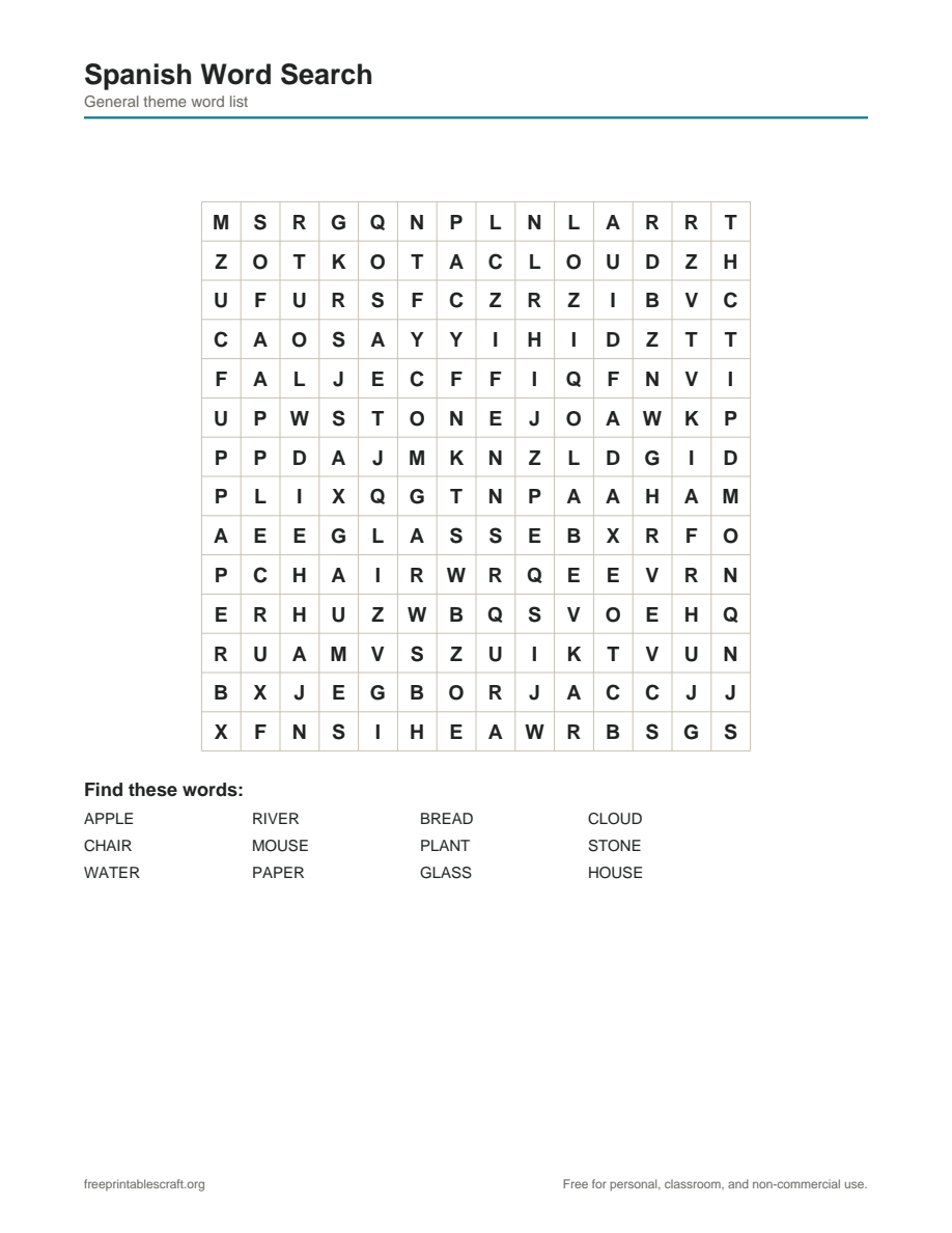 Preview of the spanish word search printable PDF