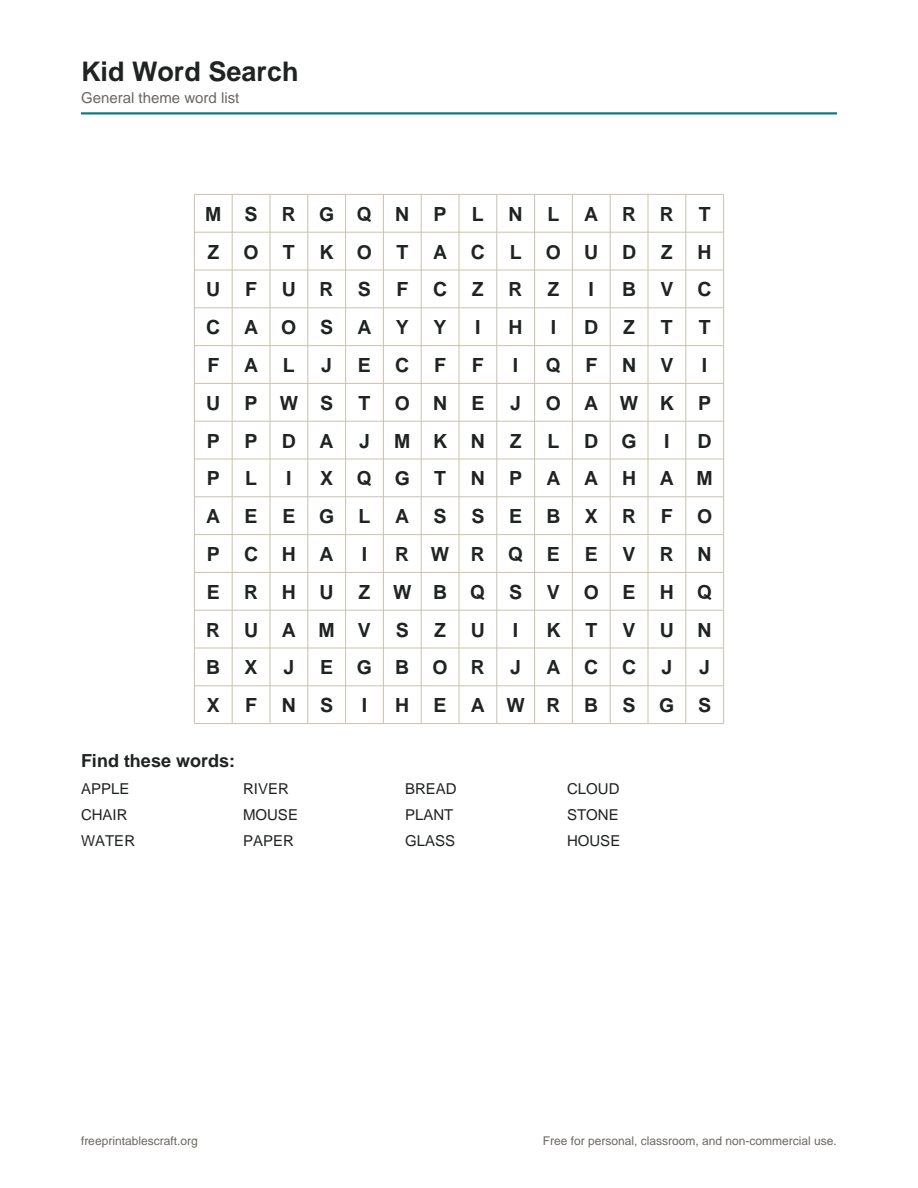 Preview of the kid word search printable PDF