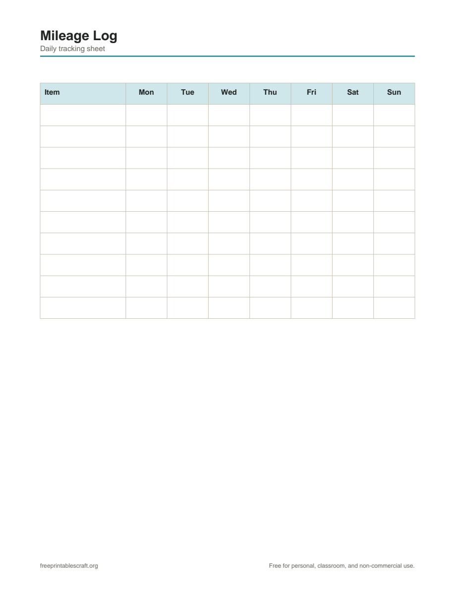 Preview of the mileage log printable PDF
