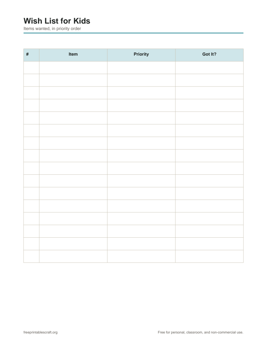 Preview of the kids cute wish list printable PDF