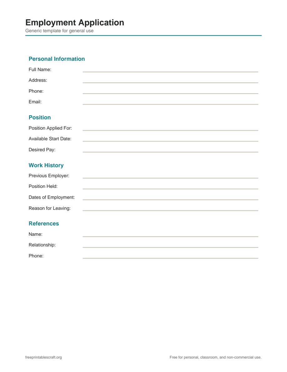 Preview of the employment application printable PDF