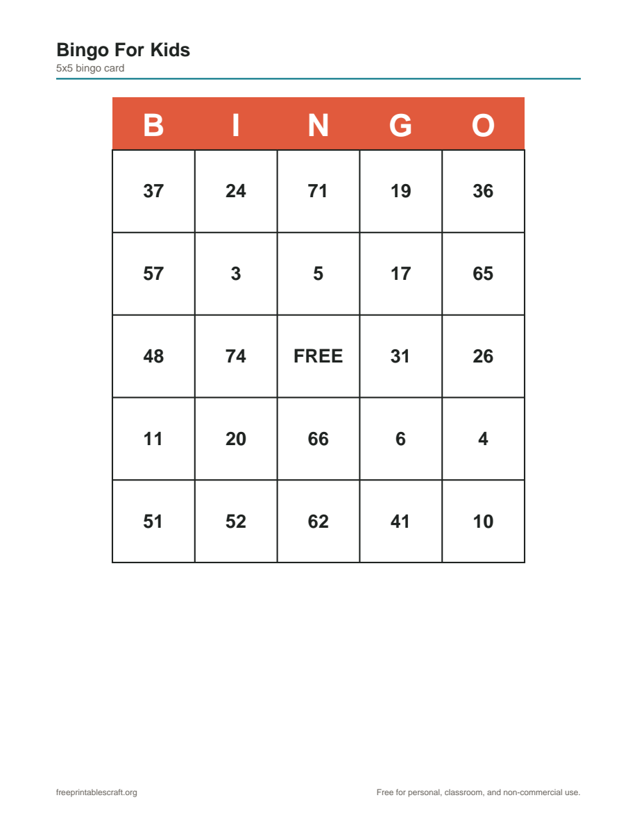 Preview of the bingo for kids printable PDF