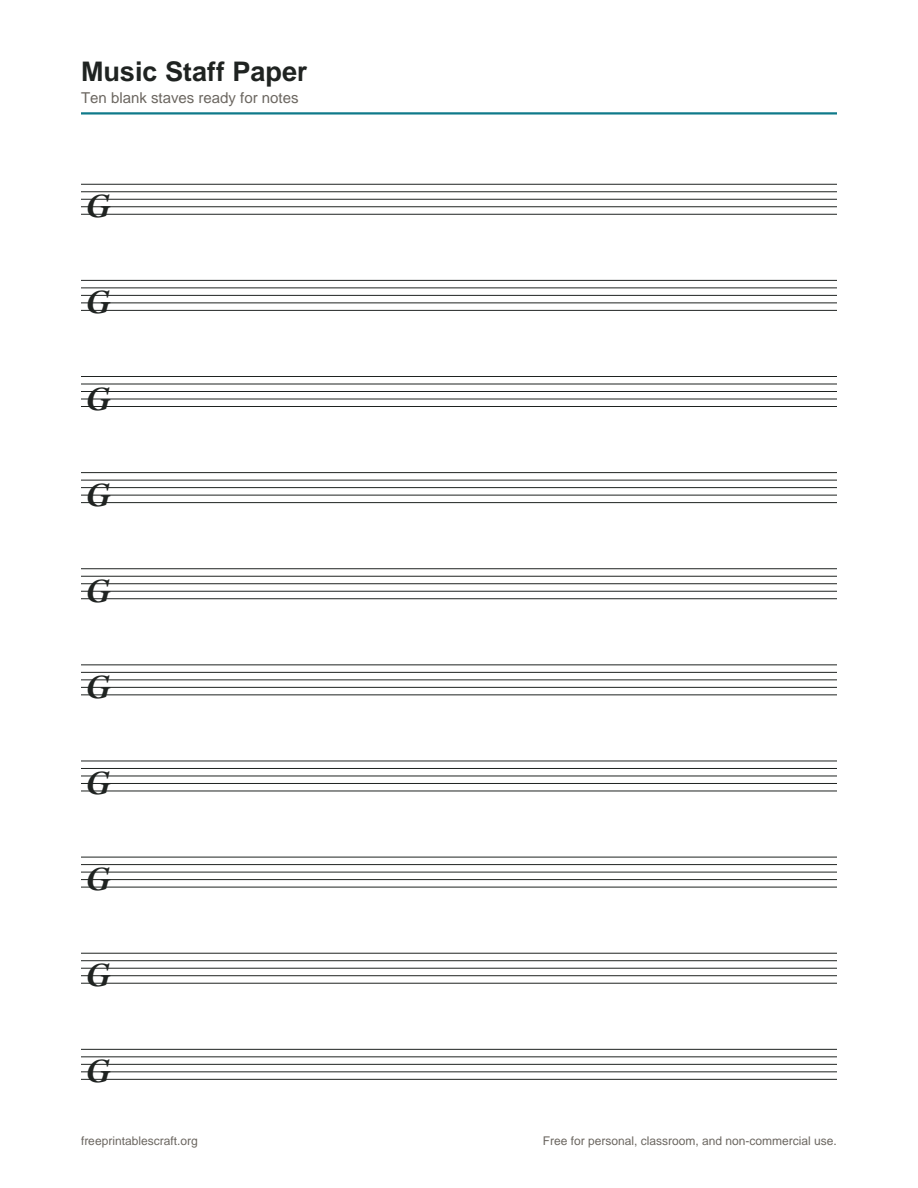 A sheet of blank music staff paper with ten five-line staves and clef markings