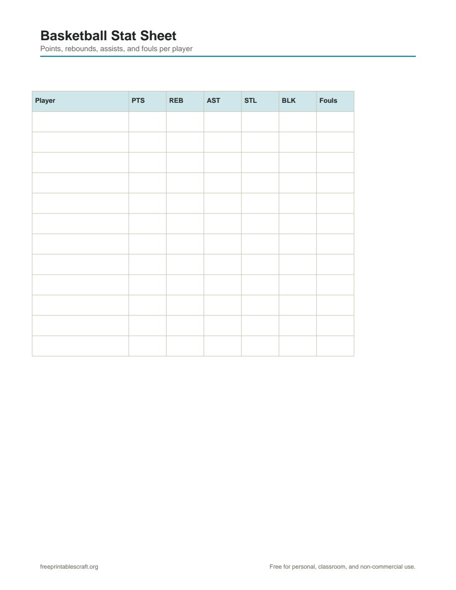 Preview of the basketball stat sheet printable PDF