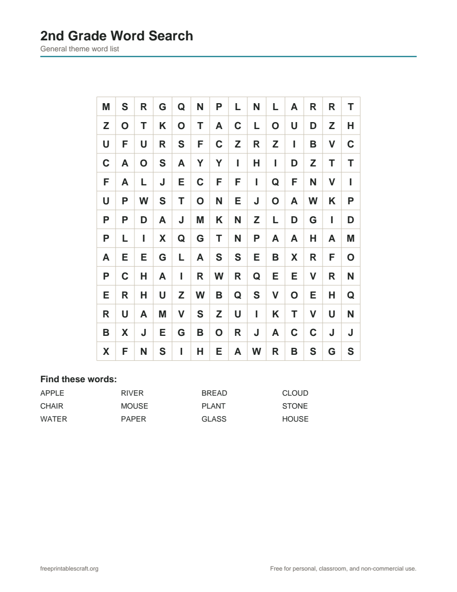 Preview of the 2nd grade word search printable PDF