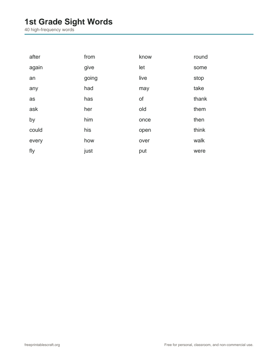 Preview of the 1st grade sight words printable PDF