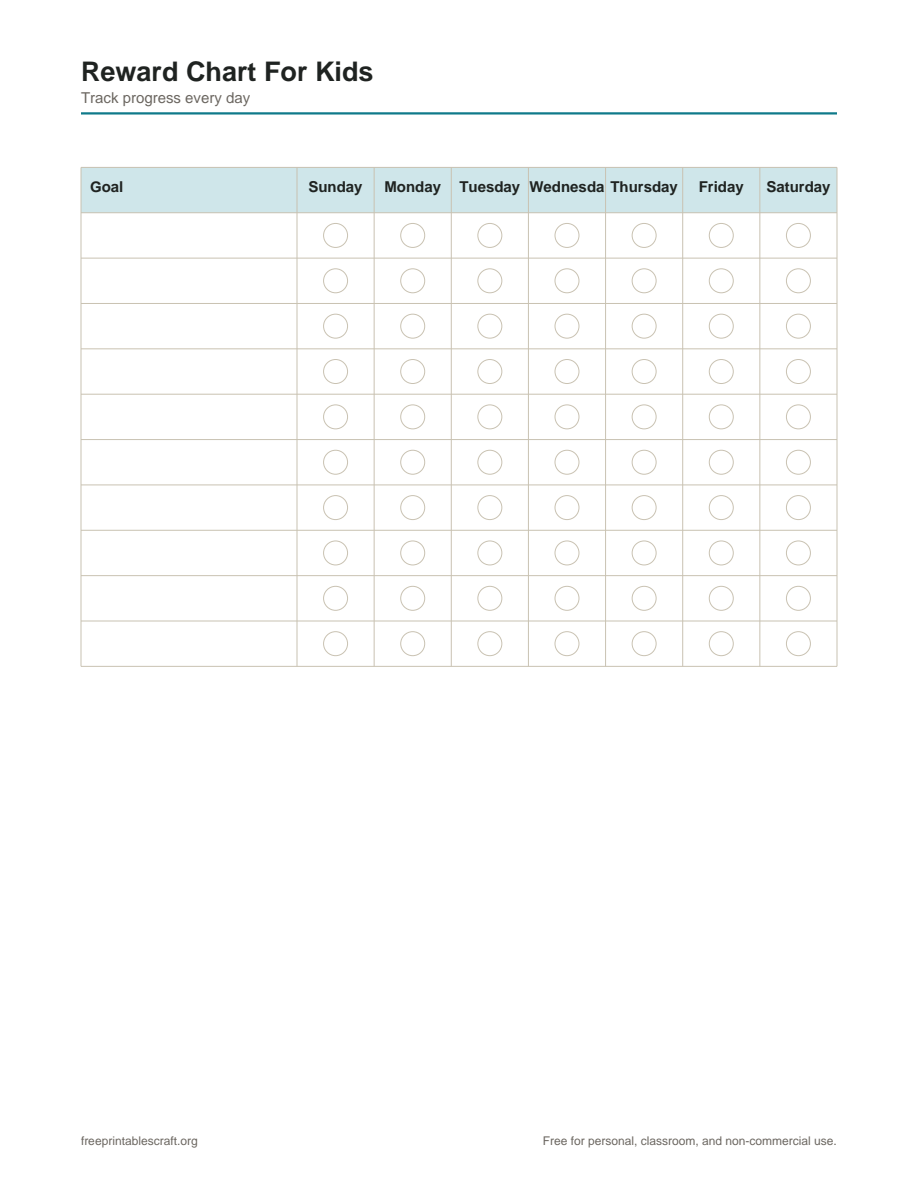 Preview of the reward chart for kids printable PDF