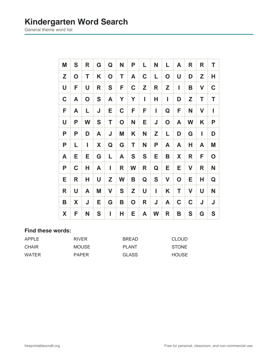 Preview of the kindergarten word search printable PDF